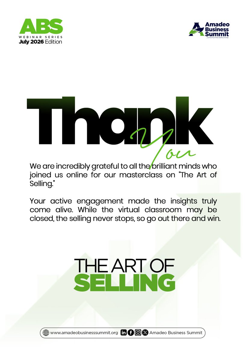 amadeosummit's tweet photo. Our sincere thanks to Mr. George O. Emetuche for an insightful session on The Art of Selling, and to everyone who joined us live.

Your participation made this edition of the ABS Webinar Series a success.

See you at the next one!

#ABSWebinar #TheArtOfSelling #Abs #leadingchange https://t.co/l08gcXJwXg