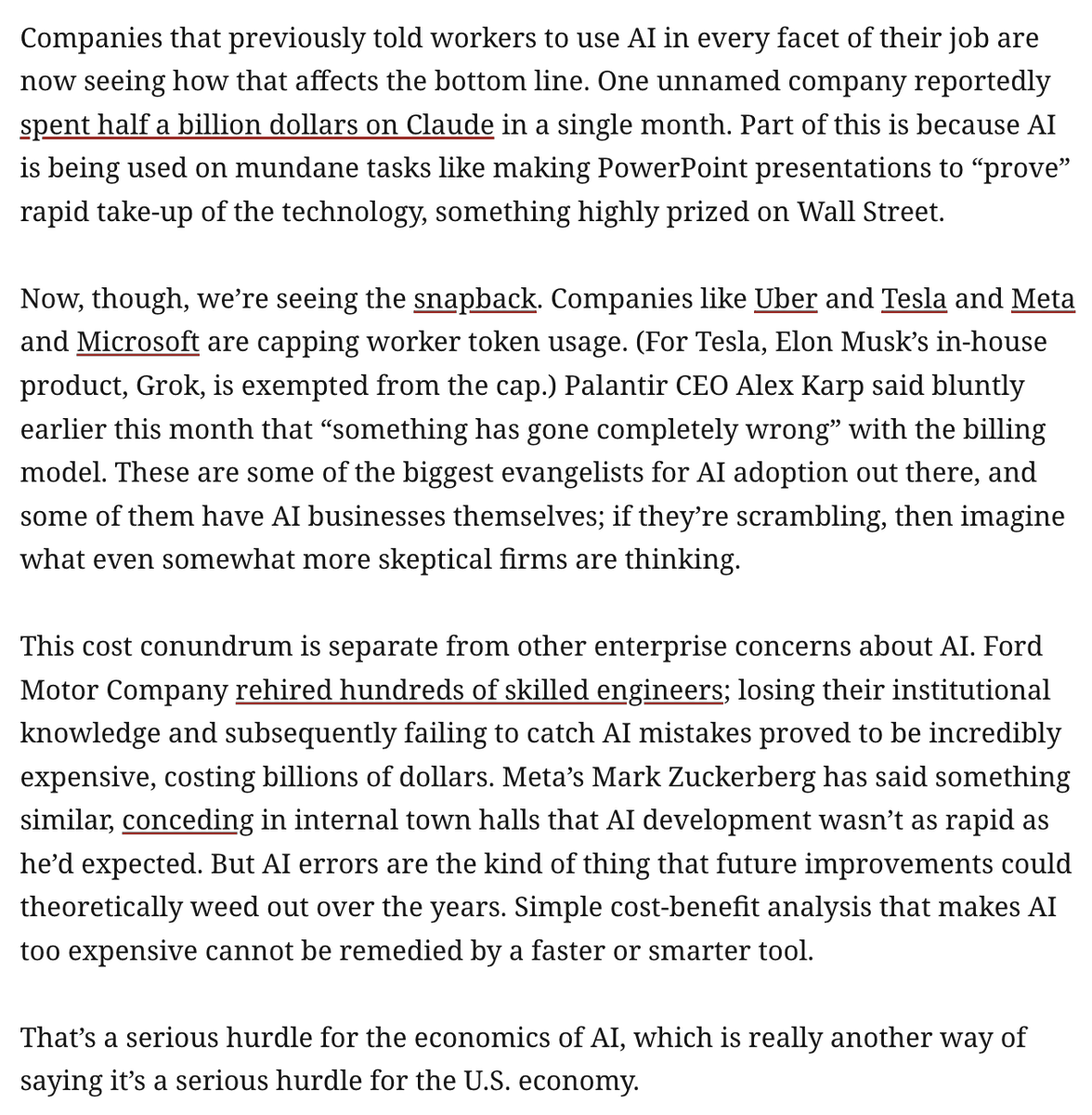 ddayen's tweet photo. It's becoming the case that it costs more for a business to deploy AI and fire human workers than it does to keep the human workers around. That could be an economic death knell for the whole technology. From me.
https://t.co/39WYACJ2TH https://t.co/920etEWudJ