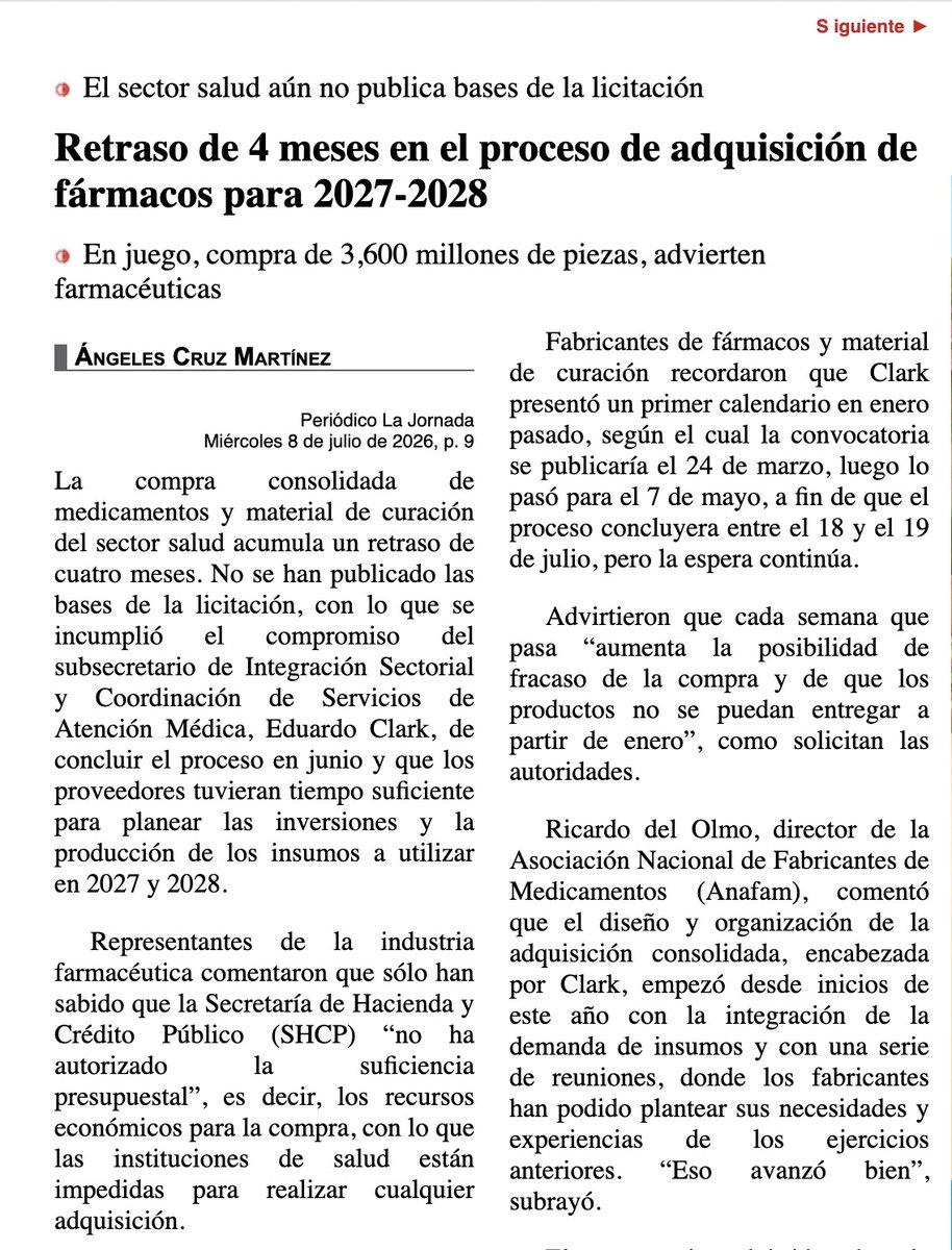 ectorjaime's tweet photo. ⚠️Nuevamente en riesgo el abasto de medicamentos para 2027 y 2028 por retrasos en las compras

El subsecretario @EduardoClark anunció que la convocatoria a la licitación se publicaría el 24 de marzo, luego lo pasó para el 7 de mayo, ya es julio y seguimos esperando

Cada semana que pasa aumenta la posibilidad de fracaso de la compra de 3 mil 600 millones de piezas de medicamentos para los siguientes dos años. 

Ante estos retrasos, ya se visualiza muy complicado que los medicamentos se puedan entregar a partir de enero del próximo año. Como ha venido ocurriendo cada año desde 2018 con los gobiernos de Morena. 

La justificación es que la Secretaría de Hacienda y Crédito Público (SHCP) “no ha autorizado la suficiencia presupuestal”, es decir, los recursos económicos para la compra, con lo que las instituciones de salud están impedidas para realizar cualquier adquisición.

Y mientras se presumen cirugías con robots, el IMSS Bienestar acumula pasivos por 112 mil millones de pesos con proveedores de medicamentos y de servicios  entre los que se encuentran distribuidores y fabricantes de medicamentos, laboratorios clínicos, empresas de hemodiálisis, bancos de sangre, servicios de anestesia, imagenología, radioterapia.