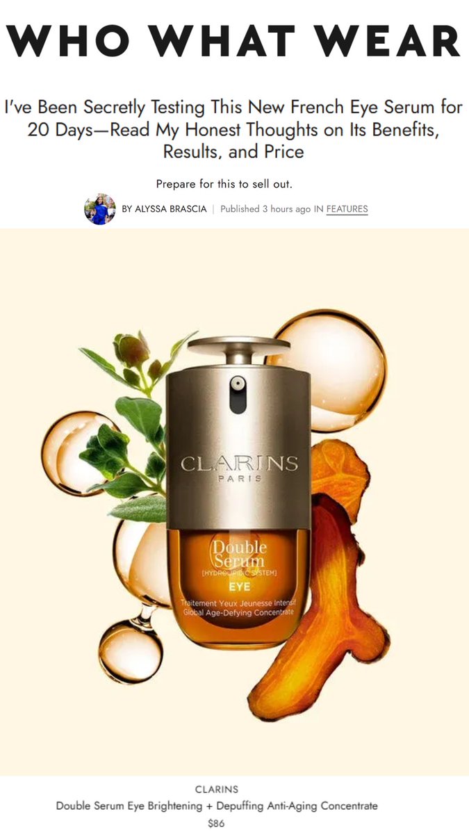 clarinsusa's tweet photo. The new Double Serum Eye is in the spotlight at @WhoWhatWear 🧡👀 https://t.co/TPoXAT5qHI