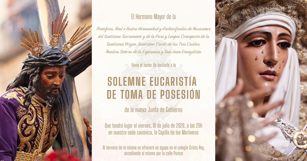 EspDeTriana's tweet photo. #TOMADEPOSESIÓN | El próximo viernes, 10 de julio, a las 20:00h horas, se celebrará la eucaristía durante la cual se producirá la toma de posesión de la nueva Junta de Gobierno designada por nuestros hermanos en el pasado Cabildo General de Elecciones.

Al término de la misma, tendrá lugar un ágape y convivencia en el patio del colegio Cristo Rey, al que se accederá por la calle Pureza.

https://t.co/TGJfVW1G3Y

#EsperanzaDeTriana