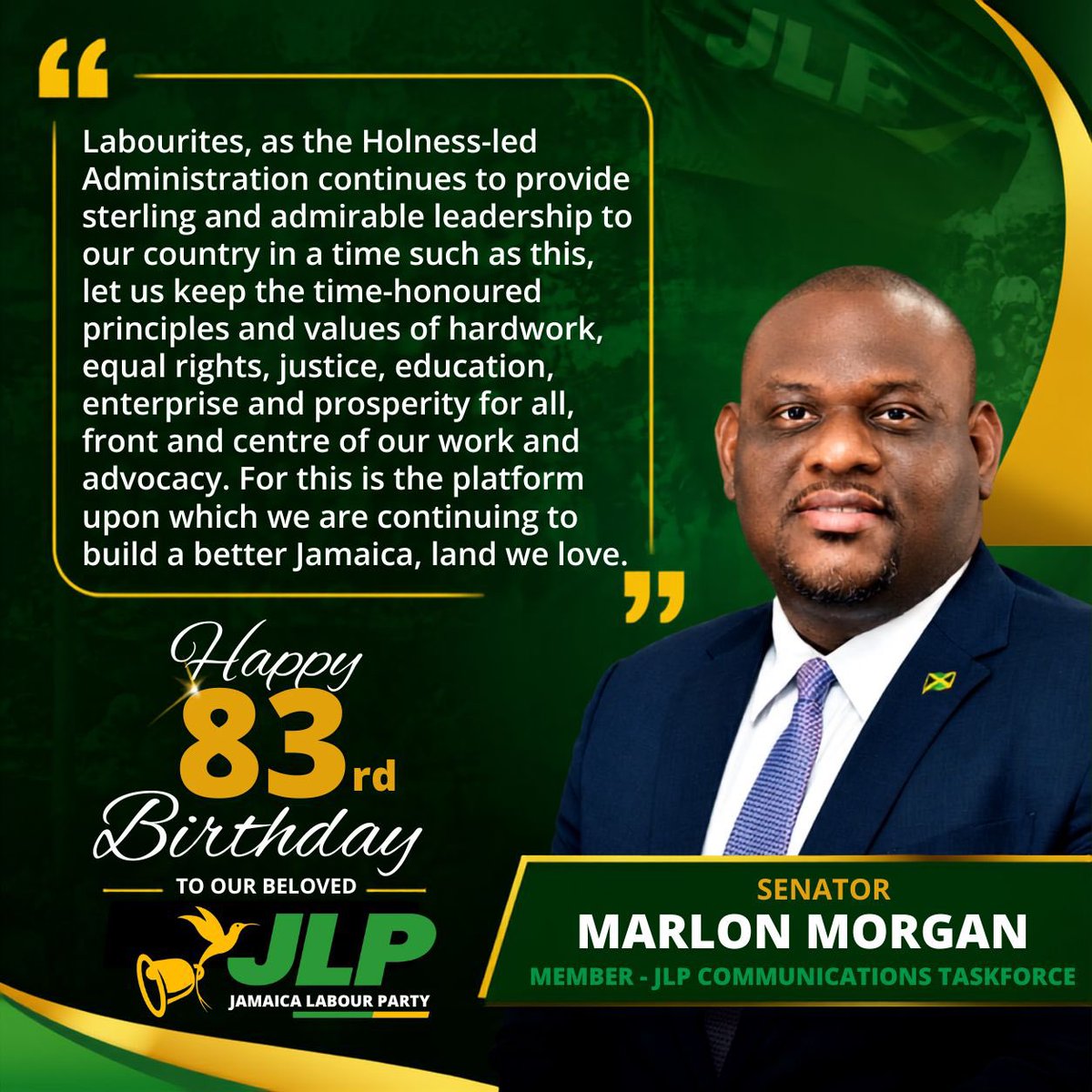 5Solae's tweet photo. Happy 83rd @jlpjamaica. 
A lot behind us and a lot more ahead! 🇯🇲 
🔔 ✌🏿 https://t.co/hOv6C4eEPn