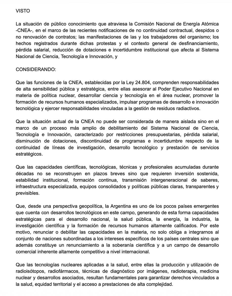 norabar's tweet photo. Declaración del Consejo Directivo de la Facultad de Ingeniería de la UBA por el vaciamiento y la violencia en @CNEA_Arg https://t.co/RTi4ck4fTF