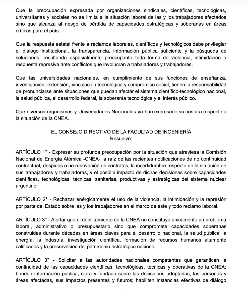 norabar's tweet photo. Declaración del Consejo Directivo de la Facultad de Ingeniería de la UBA por el vaciamiento y la violencia en @CNEA_Arg https://t.co/RTi4ck4fTF