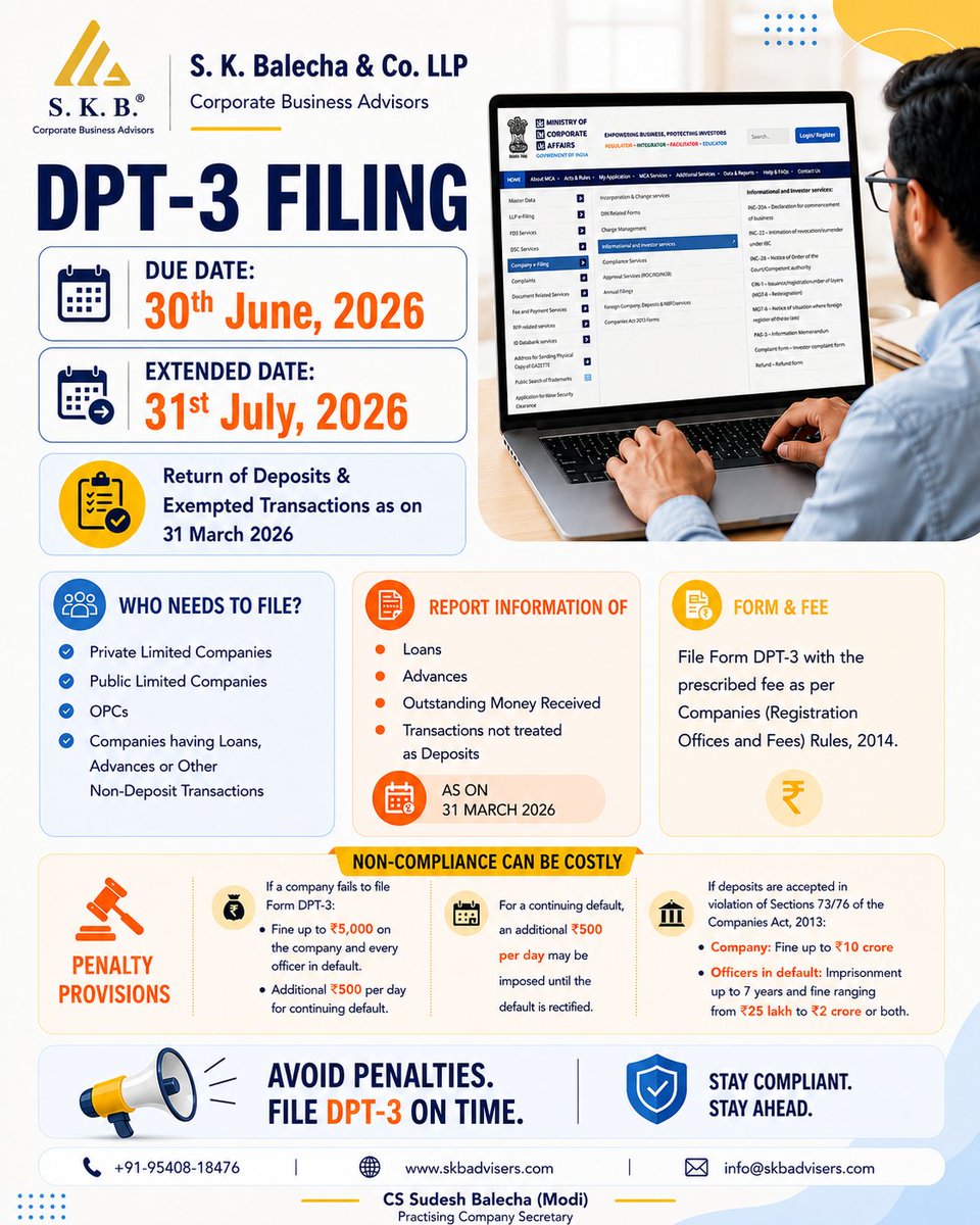 cssudesh's tweet photo. DPT-3 Filing Deadline Extended!

📅 Due Date: 30 June 2026
✅ Extended till: 31 July 2026
Stay compliant and avoid penalties.

Comment DPT3 if you need assistance.

#DPT3 #MCA #ROCCompliance https://t.co/qKdNOEGXcv