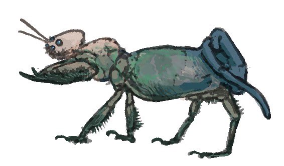 bobsicleg's tweet photo. A large predatory insect from a wide shallow sea. Its forelimbs are raptorial and its ovipositor is laterally curled. #worldbuilding #sunspire https://t.co/dQvu0LUIOi