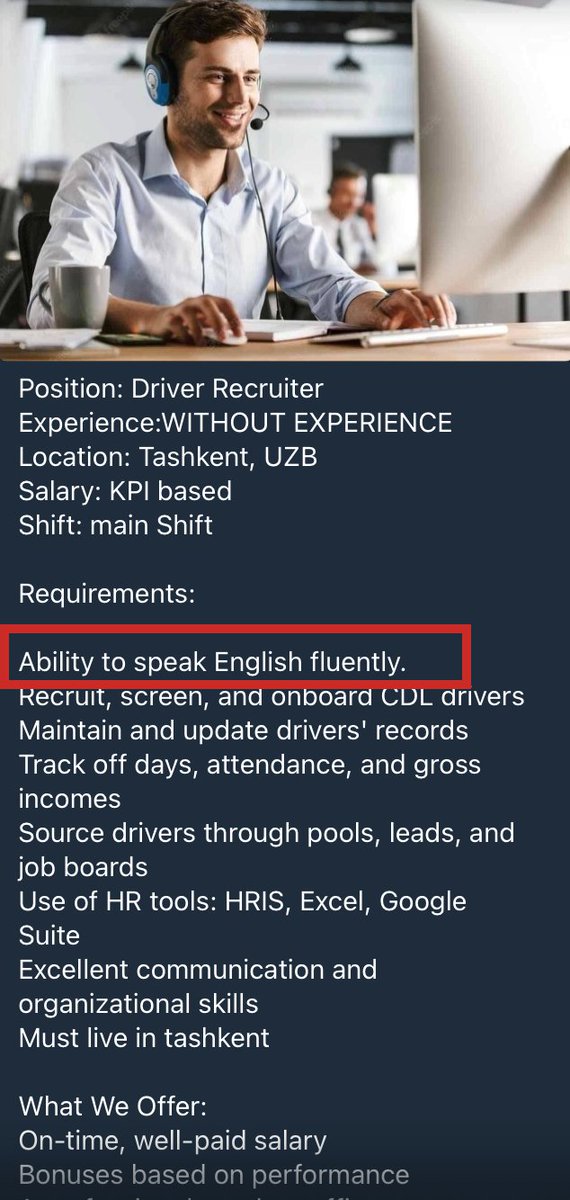 maybedanielleee's tweet photo. It's wild that the requirement for a driver recruiting job is "ability to speak English fluently," yet it is seemingly ignored as a requirement for truck drivers on America's highways. https://t.co/5nFg5TmPDy