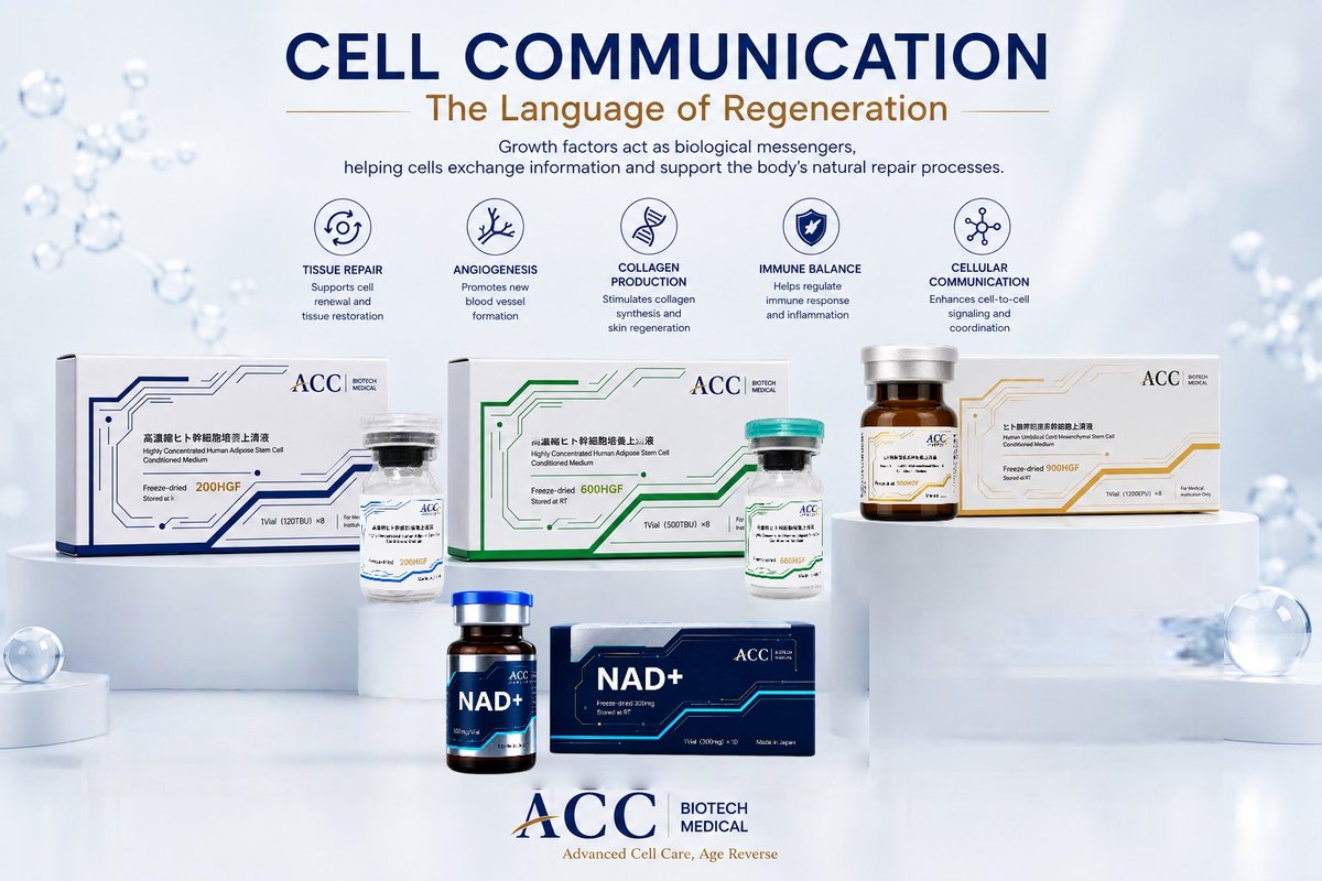 ACC_BioMedical's tweet photo. Healthy aging begins with communication.

Cells constantly exchange biological signals to coordinate repair, renewal and regeneration.
Growth factors are part of this natural communication network.
#CellCommunication
 #acc高濃縮ヒト幹細胞培養上清液
#nad #acc臍帶間葉系幹細胞上清液 https://t.co/KDuhC9JYfR