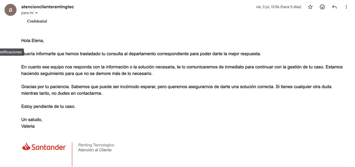 elena_rb's tweet photo. Cuidado con el #rentingsantander es un #fraude. Se llevaron el #iphone16 por avería (en garantía además) hace dos meses y tengo más de 10 emails diciendome que ya me informarán... 2 meses y PAGANDO sin teléfono ni solución. @bancosantander @santander_es #fraudesantander Sigo... https://t.co/fhYpNjab6t