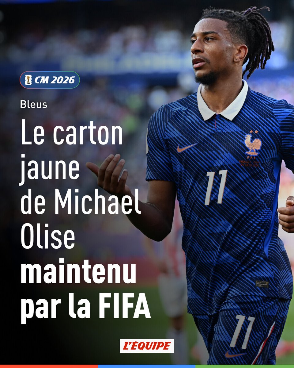 lequipe's tweet photo. Alors que la FFF avait demandé l'annulation du carton jaune reçu par Michael Olise contre le Paraguay en huitièmes de finale de Coupe du monde (1-0, samedi), elle a appris ce mercredi que l'avertissement était maintenu > https://t.co/j7pkCWh3mS https://t.co/q3LogCHpz6