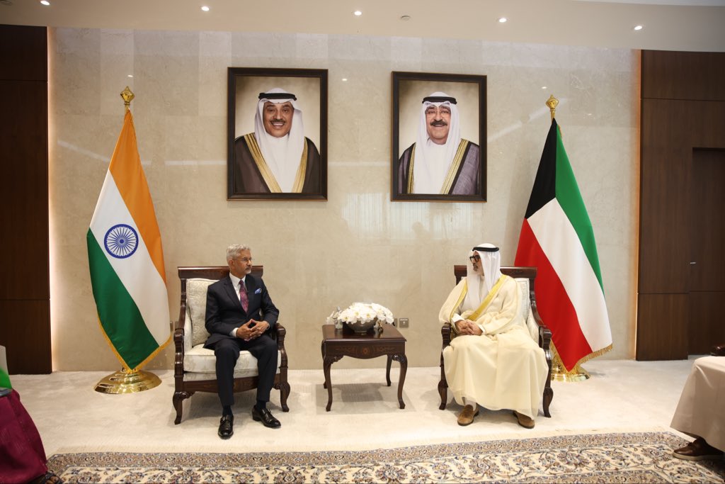 DrSJaishankar's tweet photo. A pleasure to meet FM Kuwait Sheikh Jarrah Jaber Al-Ahmad Al-Sabah.

Discussed the impact of Gulf conflict on the region and beyond. Conveyed appreciation for ensuring the well-being of Indian community.

We jointly assessed our cooperation focusing on energy, trade, investments, defence, technology, food security and health domains. 

Confident that our Strategic Partnership will continue to strengthen in times to come. 

🇮🇳 🇰🇼