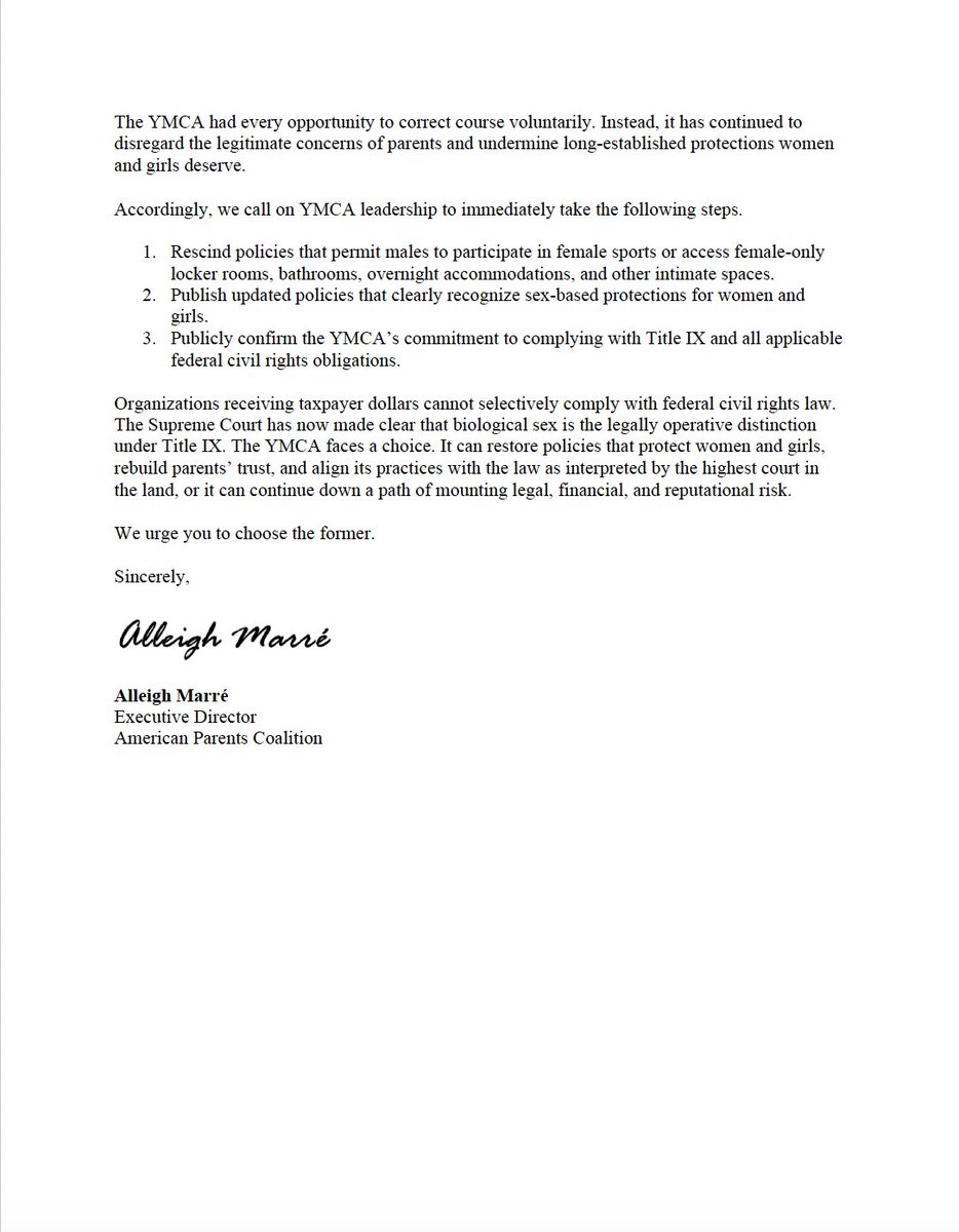 alleighmarre's tweet photo. The @ymca’s policies place gender ideology ahead of the rights of women and girls and are fundamentally at odds with the text and purpose of Title IX as interpreted by the Supreme Court.

We at @USAParent are calling on YMCA leadership to comply with federal civil rights law. https://t.co/Wx1O1S89W0
