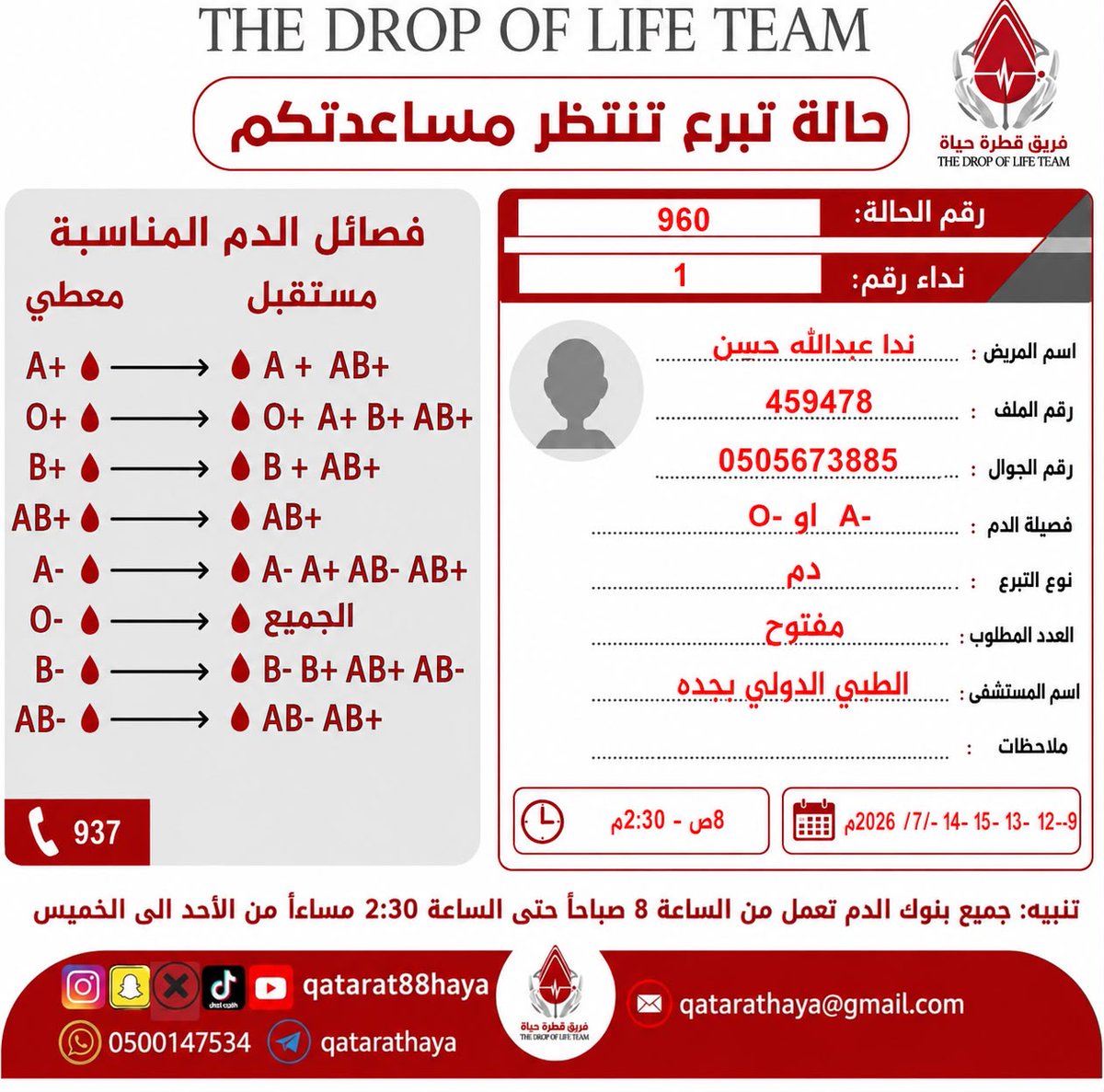 qatarat88haya's tweet photo. رقم الحاله ٩٦٠ نداء ١ 
اسم المريض/ ندا عبدالله حسن    
 رقم لملف  ٤٥٩٤٧٨
 رقم التواصل  ٠٥٠٥٦٧٣٨٨٥
 فصيله الدم / A- او O- 
نوع التبرع / دم 
العدد المطلوب مفتوح 
اسم المستشفى /الطبي الدولي بجده 
٨ص- ٢: ٣٠ م 
٩- ١٢- ١٣- ١٤-١٥/ ٧/ ٢٠٢٦م https://t.co/qO0zudnO4o