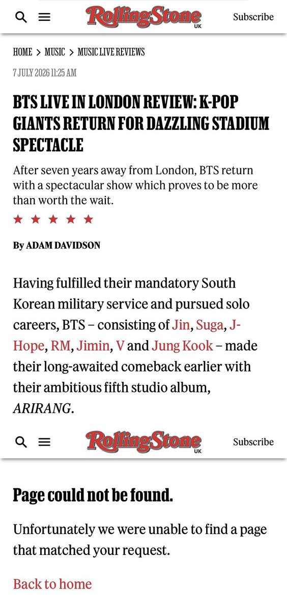 JeonJungkook_BR's tweet photo. Dear @RollingStoneUK

In your BTS London concert review, the hyperlink on Jungkook's name is broken. He's the only member affected.

Also, his photo isn't shown in the article. It only appears at the end of the expanded gallery.

Could you please look into these issues? Thank you https://t.co/6KMopasK2G