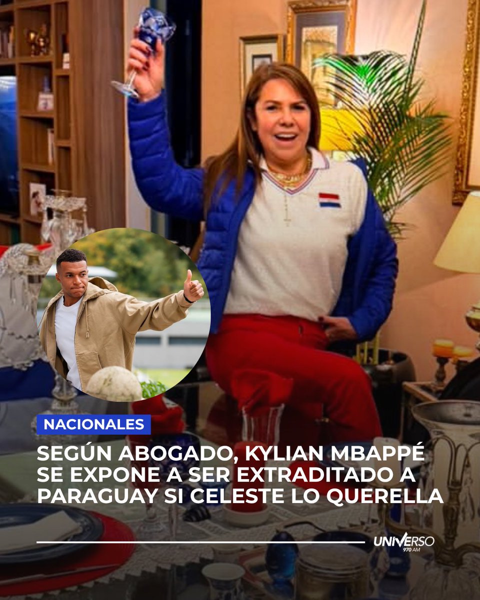 Universo970py's tweet photo. #Nacionales | 🧐 Según abogado, Kylian Mbappé se expone a ser extraditado a Paraguay si Celeste lo querella

🧏🏻‍♂️ El Abog. Guillermo Duarte, tras contactar con la parlamentaria, aseguró que Celeste Amarilla no puede ser juzgada ni mucho menos extraditada a Francia debido a que su conducta no constituye un delito punible bajo las leyes paraguayas.

😱 Sin embargo, argumentó que el escenario para el futbolista, Kylian Mbappé, es opuesto, debido a que sí se expone a enfrentar a la justicia paraguaya y a ser extraditado a nuestro país si la senadora decide avanzar con una querella por difamación y calumnia.

🇫🇷🇵🇾 El letrado explicó que para que prosperara un eventual pedido de extradición desde Europa, se debe cumplir con el “principio de doble incriminación”, es decir, que el hecho acusado sea delito en ambos países.

💻#HoyPy
📻#Universo970AM