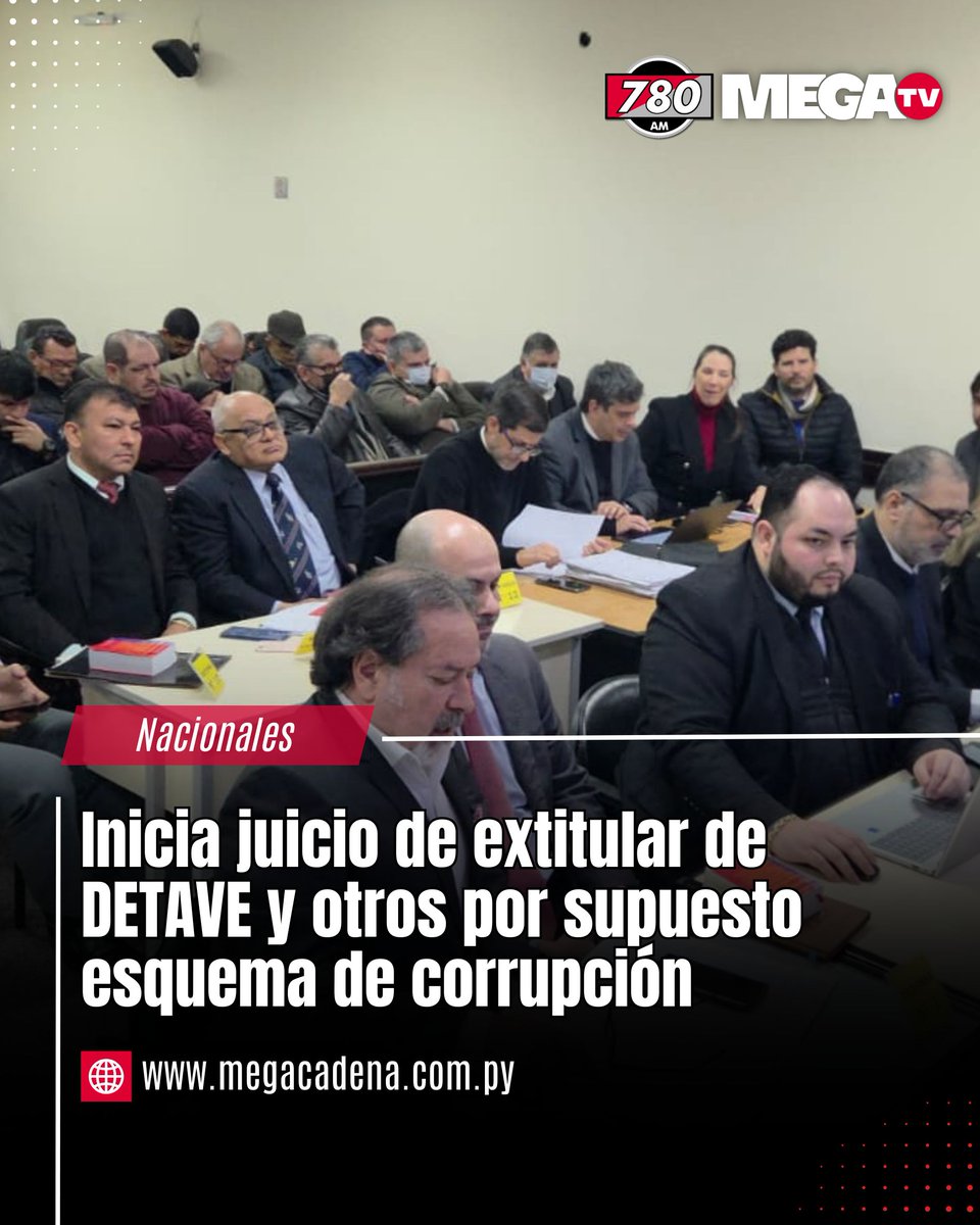 780AM's tweet photo. INICIA JUICIO DE EXTITULAR DE DETAVE Y OTROS POR SUPUESTO ESQUEMA DE CORRUPCIÓN |

📍 Luego de un par de suspensiones, inició del juicio para el extitular del extinto Departamento Técnico Aduanero de Vigilancia Especializada (Detave), el general retirado Ramón Ernesto Benítez, y otros 15 acusados. El juzgamiento comenzó con el planteamiento de los incidentes previos de las partes.

👉 Entre los pedidos previos al debate y reproducción de las pruebas, uno de los abogados defensores solicitó la postergación del juicio con el argumento de que está pendiente de resolución una acción de inconstitucionalidad en la Corte Suprema de Justicia. Dicha acción fue planteada contra el fallo que confirmó en su totalidad la remisión de la causa a juicio oral.

🔺 Las juezas Karina Jazmín Cáceres, Ana Rodríguez y Adriana Planás conforman el Tribunal de Sentencia que lleva adelante la audiencia.

Leé más 💻: https://t.co/56YPeKp6qW #780AM @Megatv_py