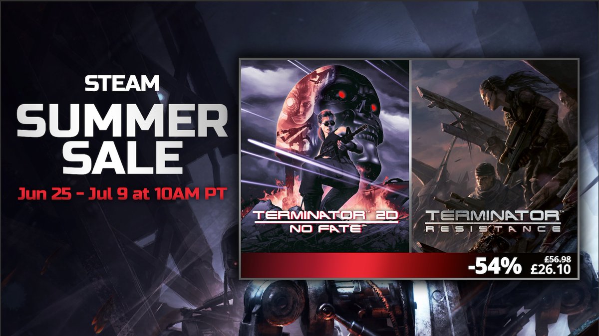 Reef_Games's tweet photo. 35 years in the past, Terminator 2: Judgment Day first premiered, its haunting vision of the future altering the cinematic timeline forever.

Celebrate T2's anniversary with the T2D: NO FATE + Terminator: Resistance bundle on Steam.

54% OFF! 🔥

🔗: (https://t.co/GHgbOprO2j) https://t.co/HGrFpf9clU