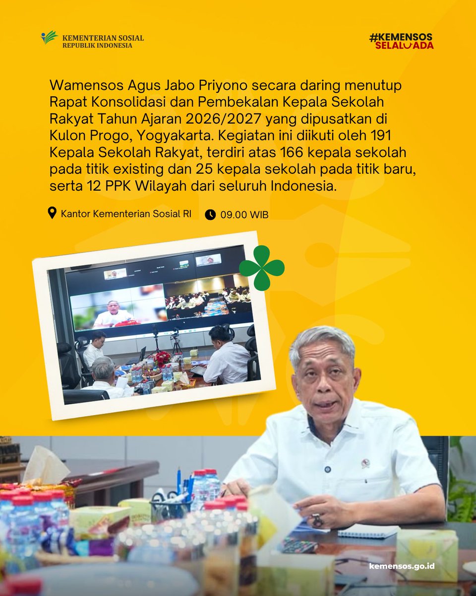 KemensosRI's tweet photo. #SelaluAdaKabarBaik edisi 8 Juli merangkum dua kegiatan Kementerian Sosial.

Wakil Menteri Sosial Agus Jabo Priyono menutup konsolidasi Kepala Sekolah Rakyat se-Indonesia, sementara Menteri Sosial Saifullah Yusuf menerima audiensi https://t.co/OLUElEsTs6