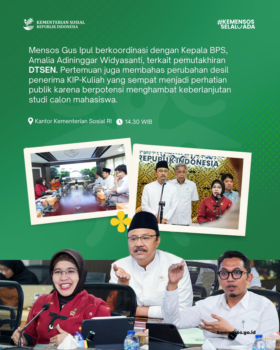 KemensosRI's tweet photo. #SelaluAdaKabarBaik edisi 8 Juli merangkum dua kegiatan Kementerian Sosial.

Wakil Menteri Sosial Agus Jabo Priyono menutup konsolidasi Kepala Sekolah Rakyat se-Indonesia, sementara Menteri Sosial Saifullah Yusuf menerima audiensi https://t.co/OLUElEsTs6