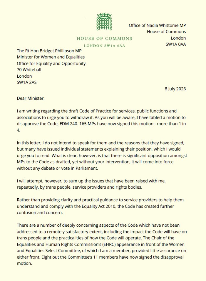 NadiaWhittomeMP's tweet photo. The scrutiny period for the EHRC's draft Code of Practice ends this week. This Code will enforce trans people's segregation, out them to others, and put them at increased risk of harassment, abuse and violence.

Despite more than 1 in 4 MPs signing my motion against the Code, it is due to come into force without any debate or vote in Parliament.

I have written to the Minister of Women and Equalities urging her to withdraw it now.
