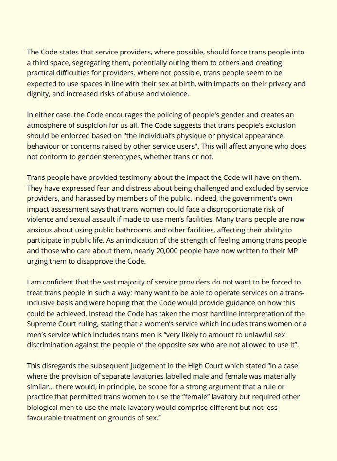 NadiaWhittomeMP's tweet photo. The scrutiny period for the EHRC's draft Code of Practice ends this week. This Code will enforce trans people's segregation, out them to others, and put them at increased risk of harassment, abuse and violence.

Despite more than 1 in 4 MPs signing my motion against the Code, it is due to come into force without any debate or vote in Parliament.

I have written to the Minister of Women and Equalities urging her to withdraw it now.