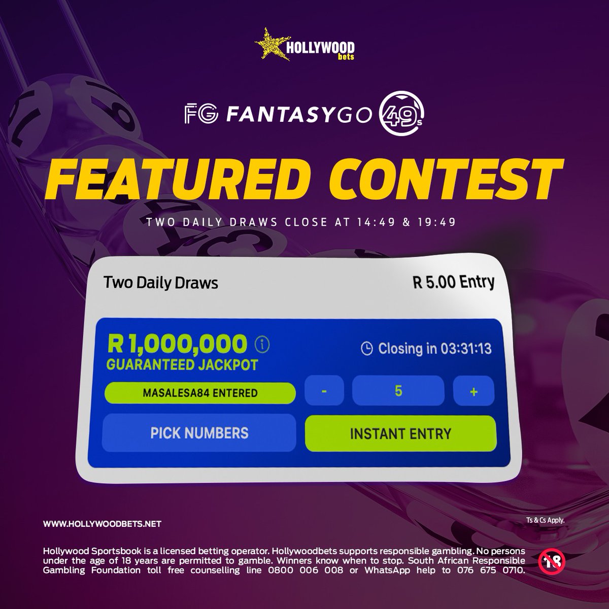 Hollywoodbets's tweet photo. FantasyGo 49s on Hollywoodbets!
Bet R5 per entry on FantasyGo 49s, pick 7 numbers from 1-49 and score points based on the UK49s draw for a chance to win up to R1 Million!
Available now!
Ts & Cs apply.
#HWBTWT #Hollywoodbets #FantasyGo #FantasyGo49s https://t.co/hMwYcnDTFR