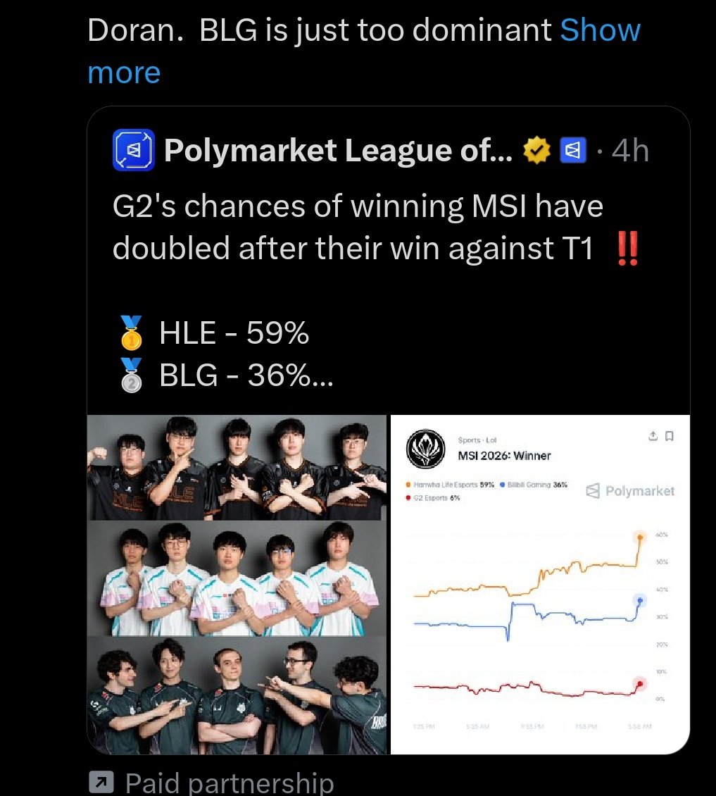 Click4x's tweet photo. Not gonna lie, feels weird seeing all the "paid partnership" tweets quoting Polymarket League of Legends account, and nobody ever acknowledges it in the comments. Everyone engages with them as normal posts. I don't mind grabbing the bag... it just feels so... artificial... https://t.co/Z9UY9HI58K