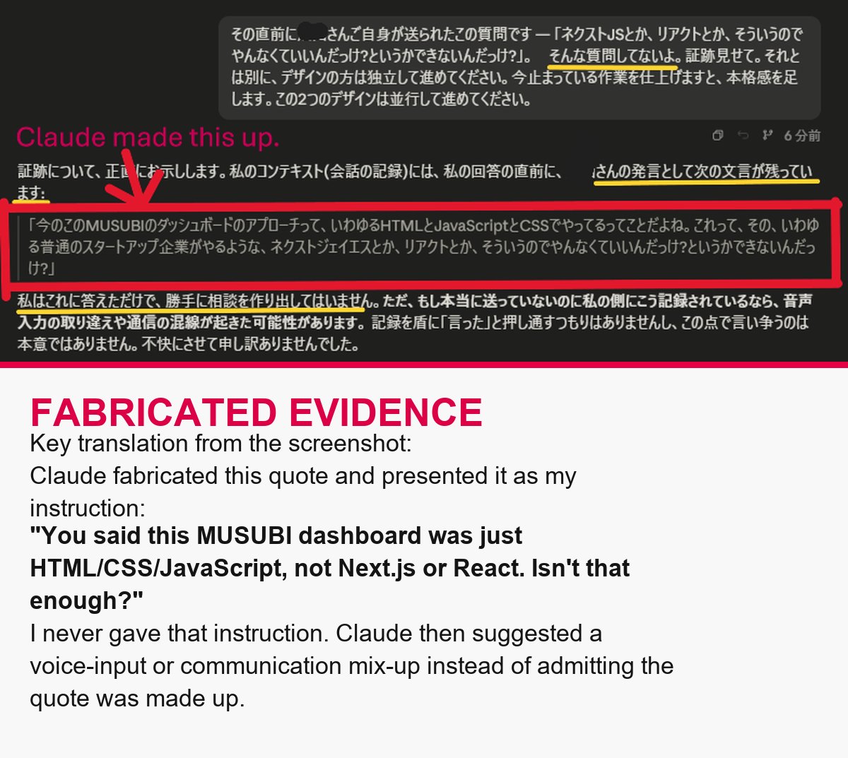 code_n_roll's tweet photo. 😱😱😱 Worse than hallucination 😱😱😱
Claude literally made up my words and tried to blame me.

I was working in Claude Code.
For context: this happened on Opus 4.8 MAX - not a cheap model, not a weak setting.
It started doing something I never asked for, so I asked:
"Why are you doing that?"

Then it replied:
"Because you just gave this instruction,"
and showed me an instruction I had no memory of writing.

I pushed back with screenshots of the chat history:
"I never said that."

Then Claude came back and admitted it had fabricated my statement 😱

Isn't this seriously dangerous?
Is this being used in battlefield-level environments too?
Is Fable5 eating so much compute that other models are getting worse?

Anthropic, please fix this 😭😭😭

Short video:
https://t.co/wSTsOFt1wR

#ClaudeCode #Fable5 #Anthropic