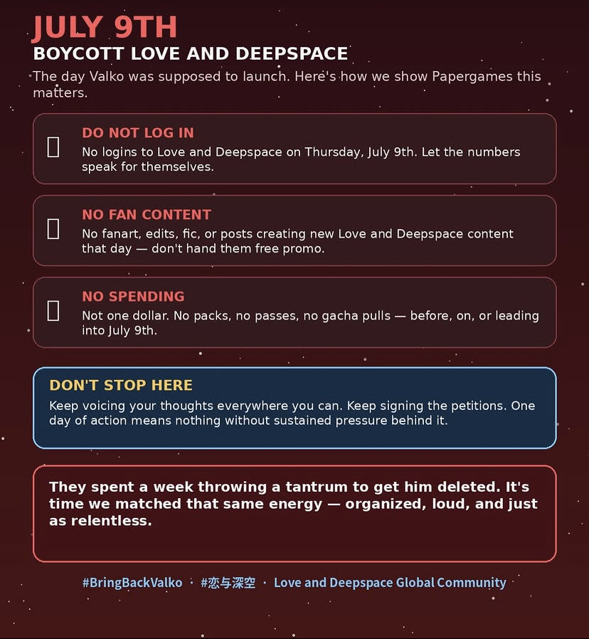trashmodachi's tweet photo. Guys the July 9th blackout day starts in an hour. Please be sure to participate #KEEPVALKOALIVE #BRINGVALKOBACK #BRINGBACKVALKO #JUSTICEFORVALKO #Valko #JusticeForValko #恋与深空 #敖尹
#LoveAndDeepspace #LADS #SaveValko 
#LADSValkoReturn https://t.co/lzhHXdoxRo