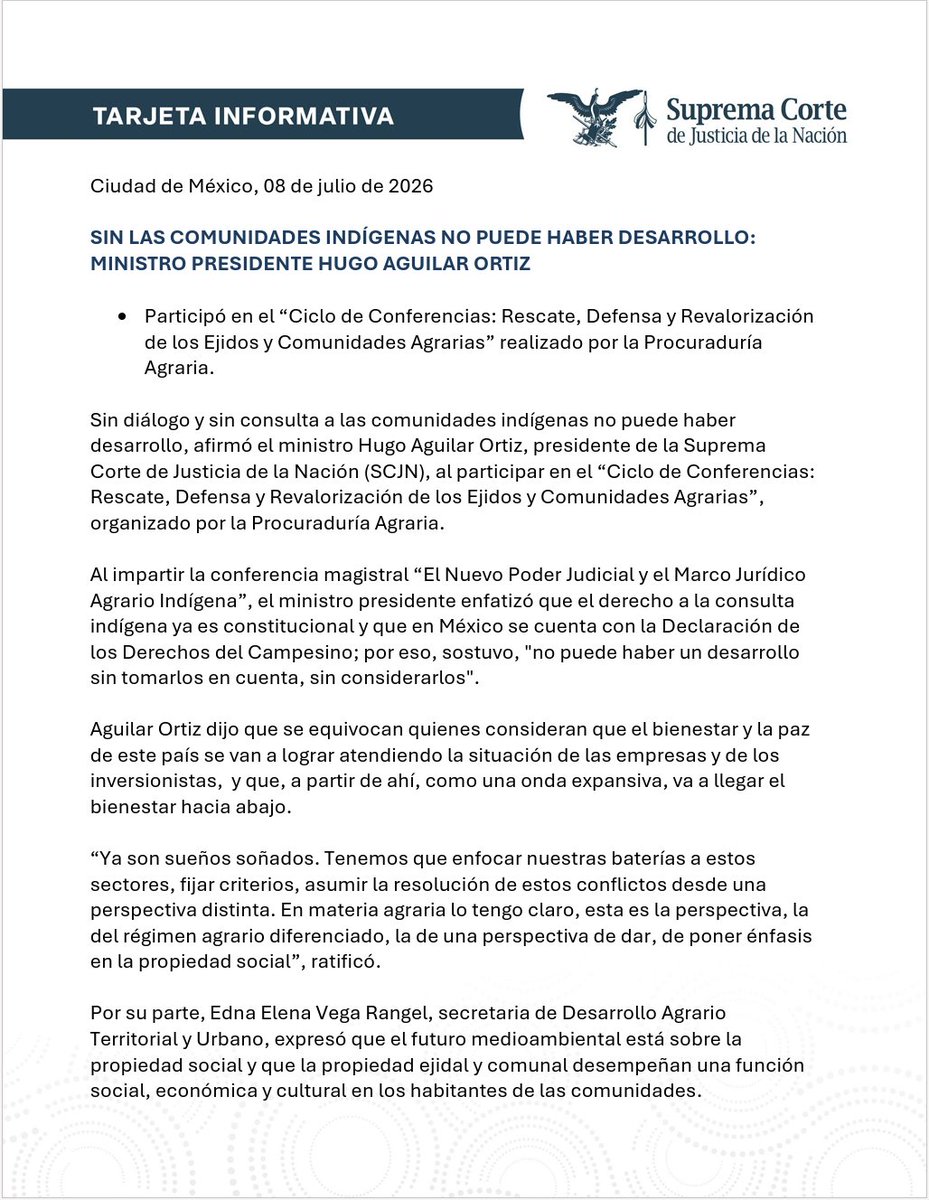 SCJN's tweet photo. Tarjeta Informativa I Durante el “Ciclo de Conferencias: Rescate, Defensa y Revalorización de los Ejidos y Comunidades Agrarias”, el ministro presidente @HugoAguilarOrti, afirmó que sin diálogo y sin consulta a las comunidades indígenas no puede haber desarrollo. https://t.co/Z5ViocGO0t