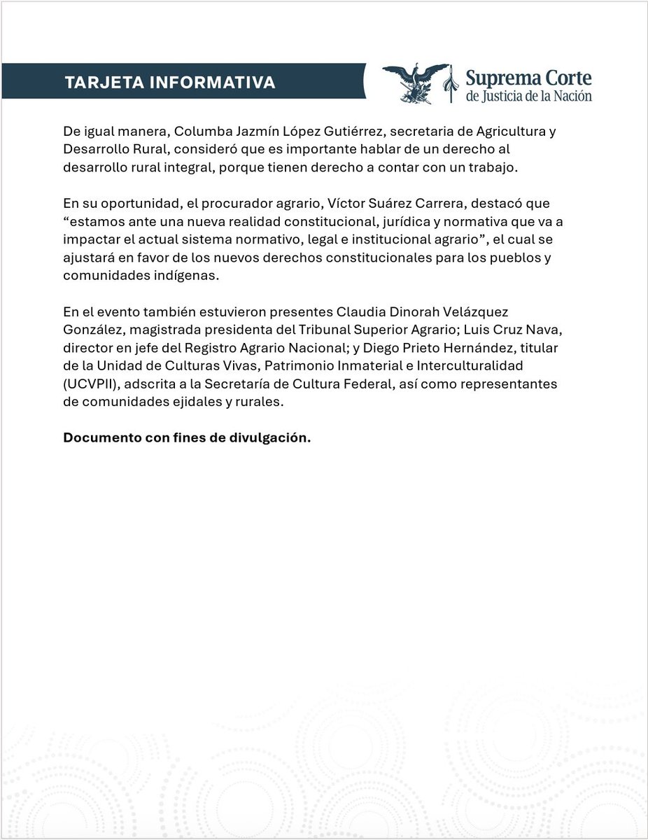 SCJN's tweet photo. Tarjeta Informativa I Durante el “Ciclo de Conferencias: Rescate, Defensa y Revalorización de los Ejidos y Comunidades Agrarias”, el ministro presidente @HugoAguilarOrti, afirmó que sin diálogo y sin consulta a las comunidades indígenas no puede haber desarrollo. https://t.co/Z5ViocGO0t