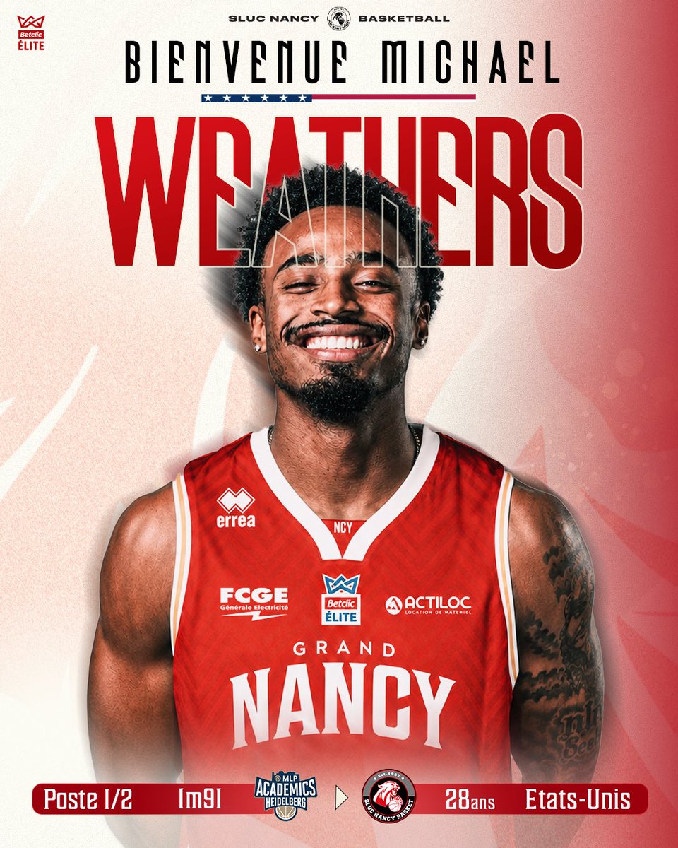 SLUCbasketNancy's tweet photo. 𝘽𝙞𝙚𝙣𝙫𝙚𝙣𝙪𝙚 𝙈𝙞𝙘𝙝𝙖𝙚𝙡 👋

Le SLUC est heureux d’annoncer sa troisième recrue pour la saison 2026-2027 : Michael Weathers. 
Le combo guard américain enfile les couleurs rouge et blanche pour la saison à venir 🔥

#GoSLUC https://t.co/ZnN0DceHed