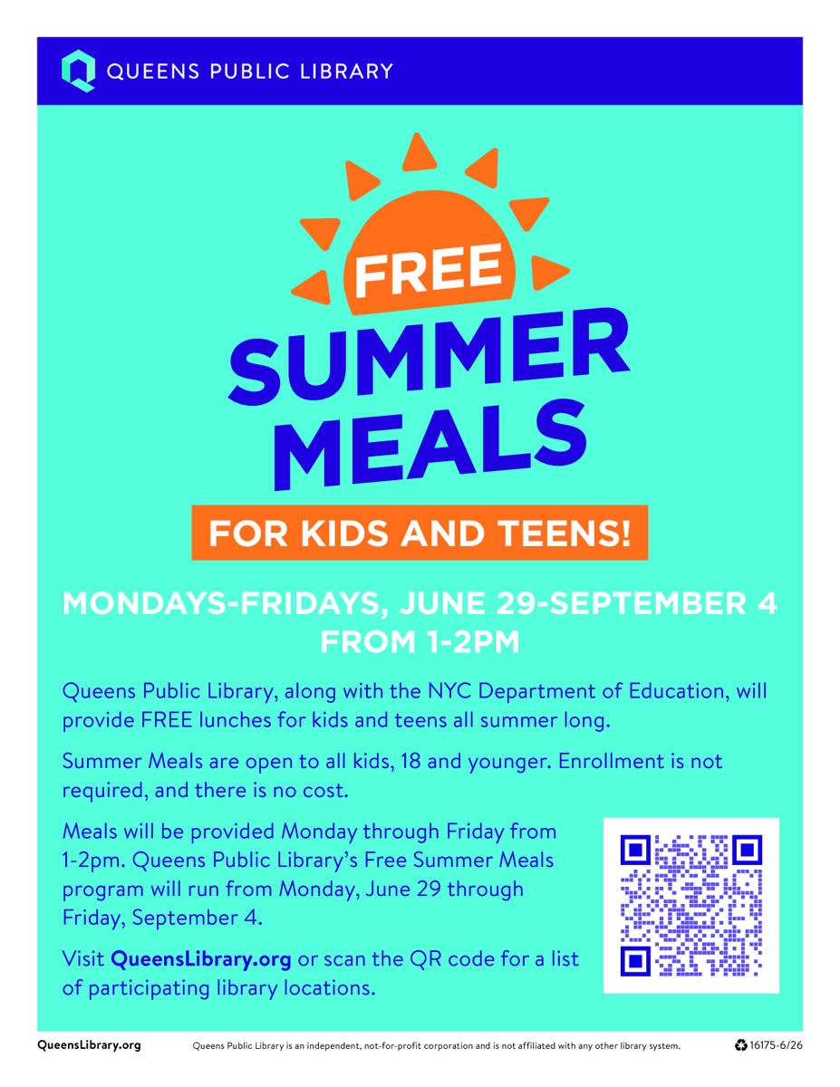 CMLindaLee's tweet photo. Free summer meals are back! @NYCSchools and @QPLNYC will provide free meals to all kids 18 and younger Monday-Friday until September 4th! Follow the link for more info about this program! https://t.co/ayyqvhzcPH https://t.co/Q8OJZRTCUm