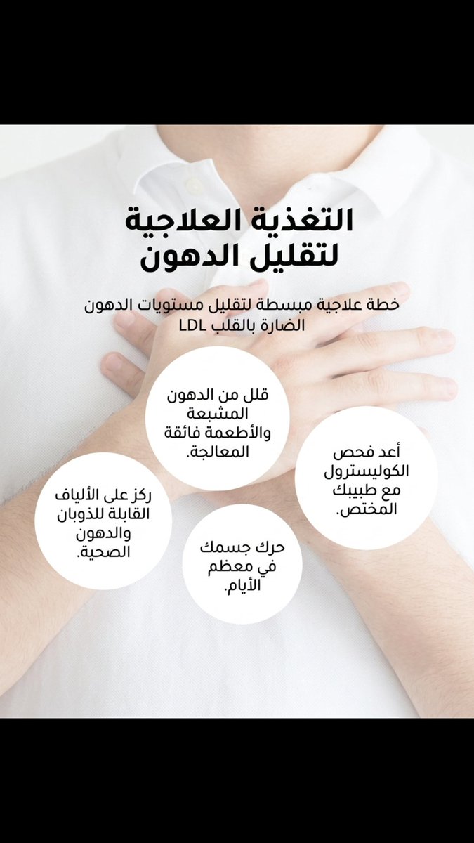 Dr_ALALI1's tweet photo. ♦️ التغذية العلاجية لخفض الكوليسترول الضار

● تعتبر التغذية حجر الأساس لتقليل الكوليسترول الضار وخفض خطر الإصابة بأمراض القلب

● التوجه الطبي الحديث تغير وصار يركز على جودة الغذاء

🔹 الكوليسترول في الأكل مقابل الدهون المشبعة

● النصائح الطبية القديمة كانت تحدد استهلاك الكوليسترول بأقل من 300 ملجم باليوم

● الدراسات الحديثة أثبتت ان الدهون المشبعة ترفع الكوليسترول الضار أكثر بكثير من الكوليسترول الموجود في الأكل

● الأكل التقليدي الغني بالكوليسترول مثل البيض يختلف تأثيره حسب نمط الغذاء وكمية الدهون المشبعة اللي ترافقه

● استبدال الدهون المشبعة مثل الزبدة واللحوم الدهنية بدهون غير مشبعة مثل الزيوت النباتية والمكسرات ⬅️ يخفض الكوليسترول الضار ويحسن صحة القلب

🔹 الأنظمة الغذائية الفعالة اللي ممكن نتبعها:

● حمية البحر الأبيض المتوسط
• تعتمد على الفواكه والخضار والحبوب الكاملة وزيت الزيتون والأسماك

• تقلل الكوليسترول الضار بنسبة معقولة وتخفض خطر جلطات القلب

● حمية داش
• ممتازة للمرضى اللي يعانون من ارتفاع الضغط أو متلازمة التمثيل الغذائي ويحتاجون يسيطرون على الكوليسترول

● نظام المحفظة الغذائية
• يعتمد على دمج مكونات نباتية مثل الستيرول النباتي والألياف اللزجة وبروتين الصويا والمكسرات

• الستيرول النباتي يمنع امتصاص الكوليسترول في الأمعاء ⬅️ ينزل الكوليسترول الضار بنسب تقارب تأثير بعض أدوية الستاتين القديمة

🔹 مقارنة تأثير الغذاء مع الأدوية

● الالتزام بالحمية الغذائية ينزل الكوليسترول الضار بنسبة 8 الى 15 بالمية

● العلاج الدوائي مثل أدوية الستاتين تنزل الكوليسترول بنسبة 20 الى 50 بالمية

⚠️ لازم نوضح للمريض ان الحمية استراتيجية مكملة لكنها ما تغني عن الأدوية في الحالات اللي تستدعي علاج دوائي

🔹 الفئات اللي تستفيد أكثر من التدخل الغذائي

● المرضى اللي الكوليسترول الضار عندهم مرتفع بشكل كبير قبل البدء بالعلاج

● مرضى السمنة ومتلازمة التمثيل الغذائي والسكري من النوع الثاني

• تحسن حساسية الإنسولين ونزول الوزن عند هذي الفئات ⬅️ يضاعف من تأثير نزول الكوليسترول

♦️ المصدر: American Heart Association Nutrition Committee