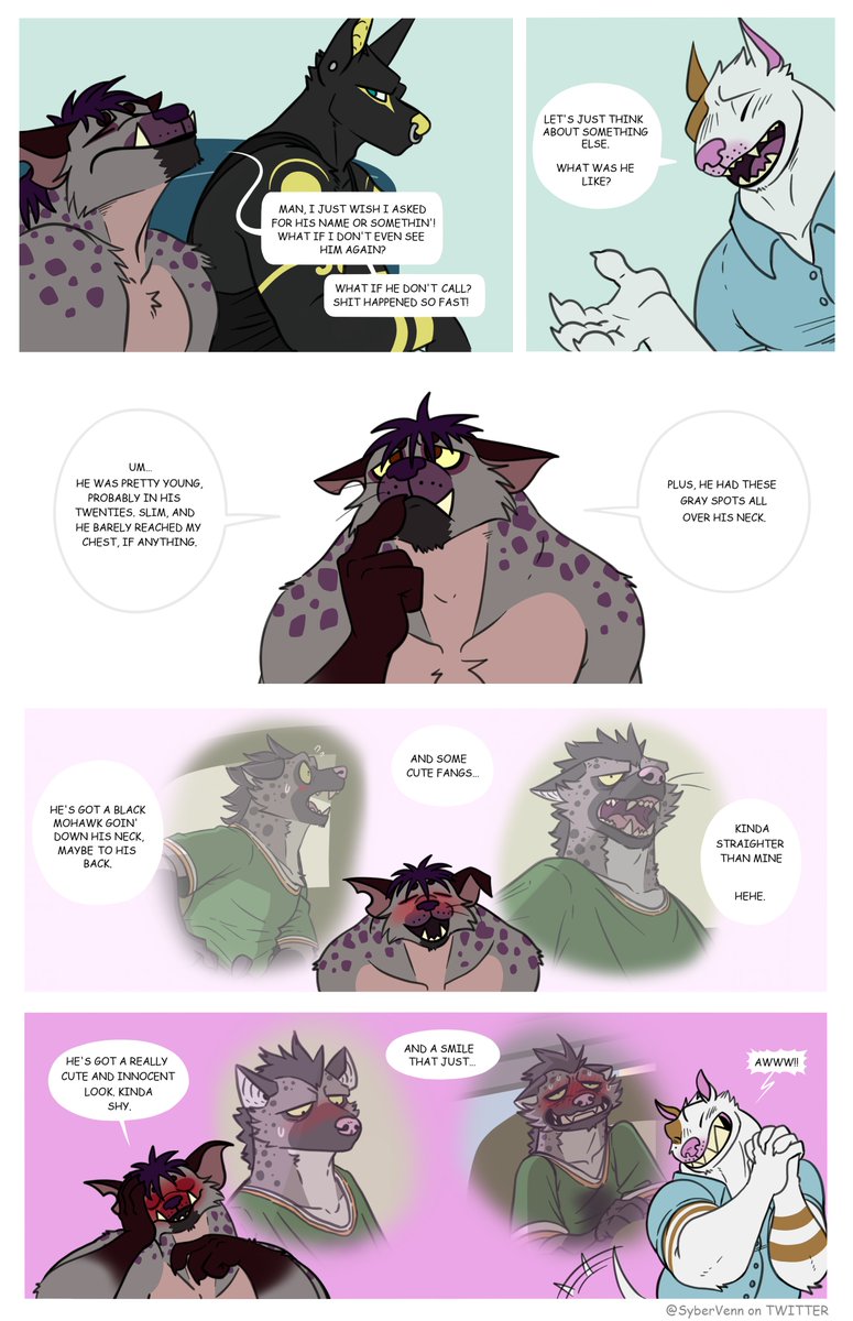 SyberVenn's tweet photo. Page 4 is out now!! I'm so incredibly grateful for all the support the comic has been getting. Every single comment from you fills me with joy! I'll always read you all! 💙❤️💞

"Looks like the big guy is seriously drooling over Enzo" https://t.co/8m4l1OZrK5