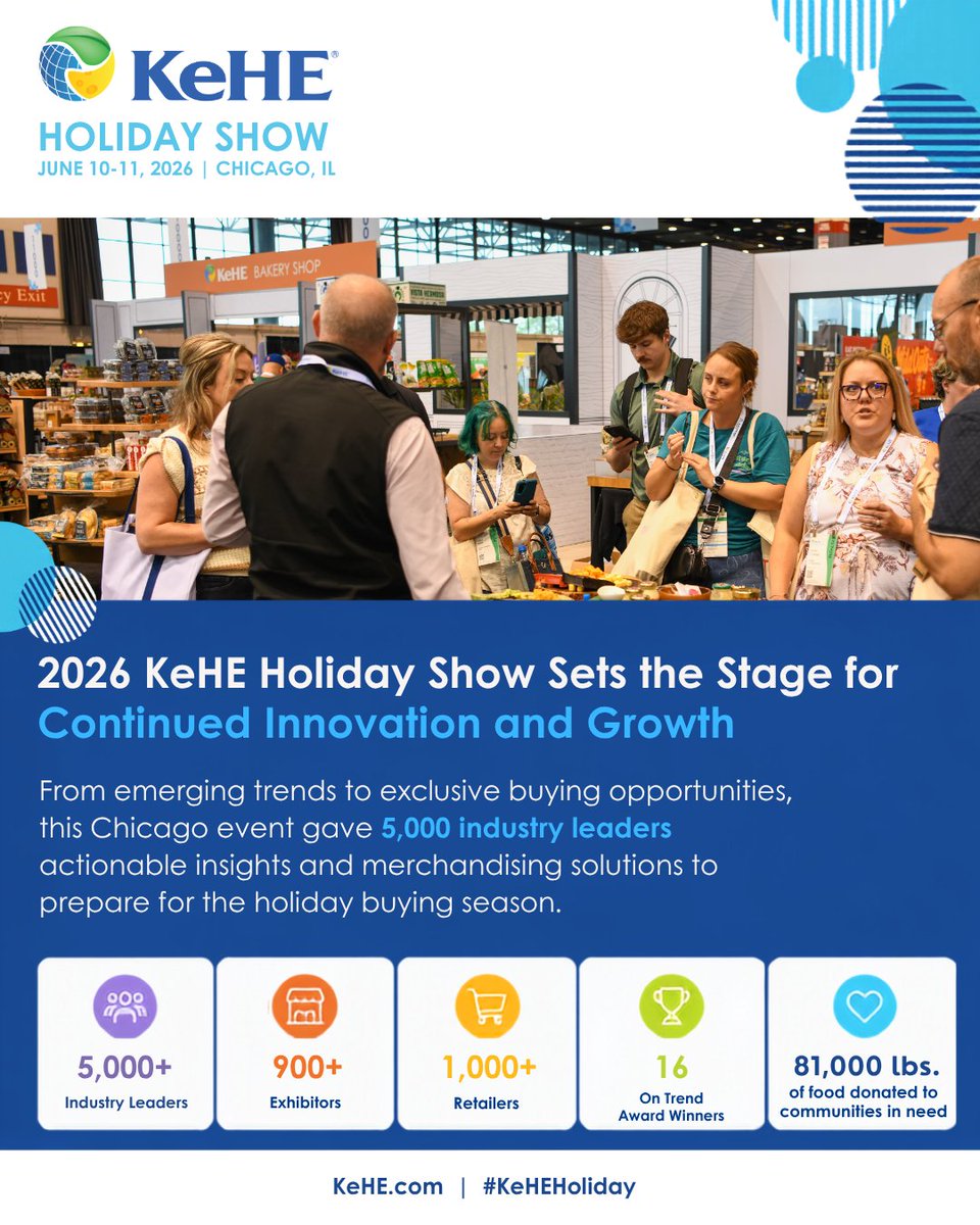 KeHEUS's tweet photo. The 2026 #KeHEHoliday Show successfully connected over 5,000 industry leaders in Chicago for two days of discovery, education, and innovation.

Read more about the show: https://t.co/ao5BR3RtfB...

#GroceryIndustry #NaturalProducts #SpecialtyFood #CPG #FoodInnovation https://t.co/ZWi3NJrxN9