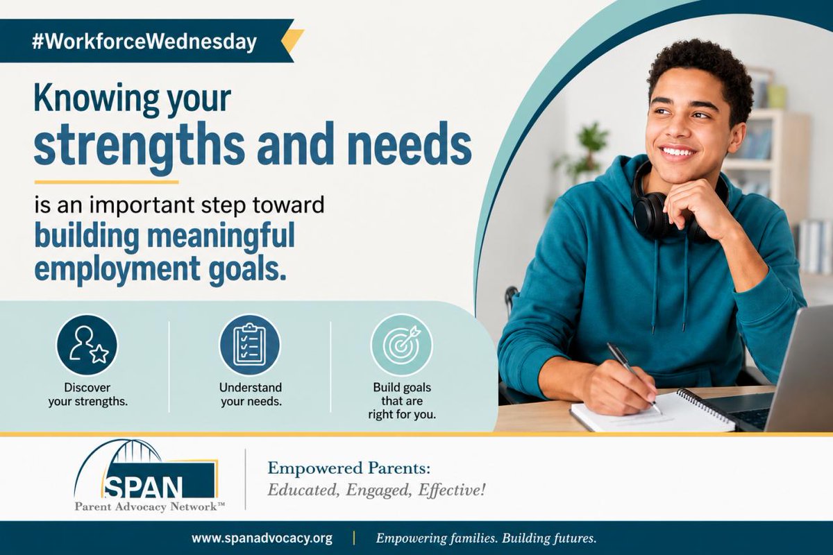 SPANadvocacy's tweet photo. Knowing your strengths is the first step toward meaningful employment.
This free RAISE worksheet helps youth with disabilities identify strengths, support needs, and future employment goals.
📄 https://t.co/1wbqAJ75zm
#WorkforceWednesday #TransitionToAdulthood #YETI-RAISE https://t.co/OJY4E6m1kR
