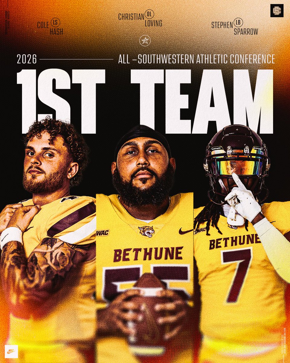 BCUGridiron's tweet photo. Top Cats. 😼 

B-CU has placed 3️⃣ Wildcats on the All-SWAC First Team, with 3️⃣ landing on the Second Team!

#𝙃𝙖𝙞𝙡𝙒𝙞𝙡𝙙𝙘𝙖𝙩𝙨 | #𝙋𝙧𝙚𝙮𝙏𝙤𝙜𝙚𝙩𝙝𝙚𝙧 https://t.co/z7lxuWsyQQ