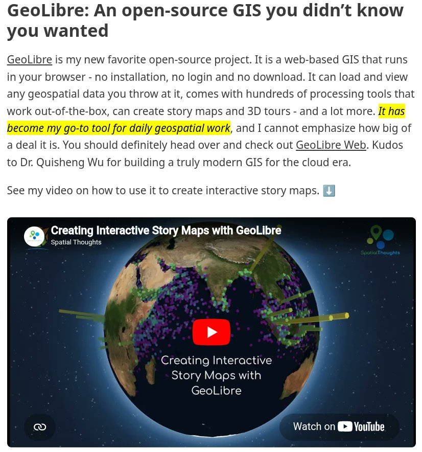giswqs's tweet photo. A big thank you to @spatialthoughts for for featuring GeoLibre in the latest Spatial Thoughts newsletter (https://t.co/oY7QeLgiL7)!

I also sincerely appreciate his thoughtful feedback, bug reports, and feature requests on GitHub. Contributions like these help make GeoLibre a better open source GIS for everyone.

If you would like to give GeoLibre a try, check out the links below:

- Launch GeoLibre Web: https://t.co/8gMtkVtfnm
- GitHub: https://t.co/VXq8c1o2Nd
- Documentation: https://t.co/7VA2AQoCUc

#GIS #Geospatial #OpenSource #RemoteSensing #DataVisualization #MapLibre #GeoLibre