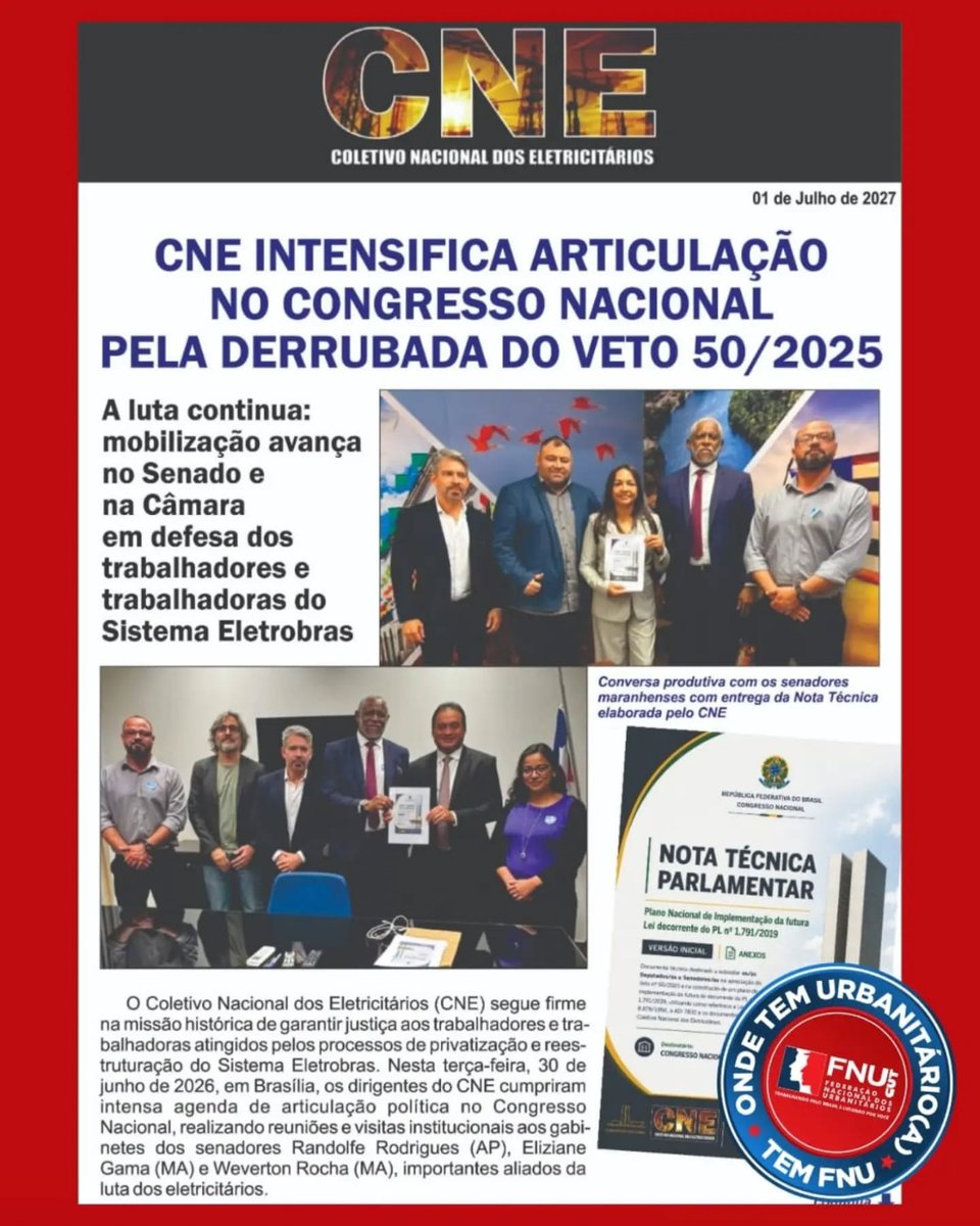 urbanitariospa's tweet photo. A FNU participou da entrega da Nota Técnica elaborada pelo CNE ao Congresso Nacional, documento pela derrubada do veto que impede o aproveitamento de trabalhadores demitidos da Eletrobras privatizada.  Justiça a quem ajudou a construir um patrimônio estratégico para o país. https://t.co/ducnrdZM9F