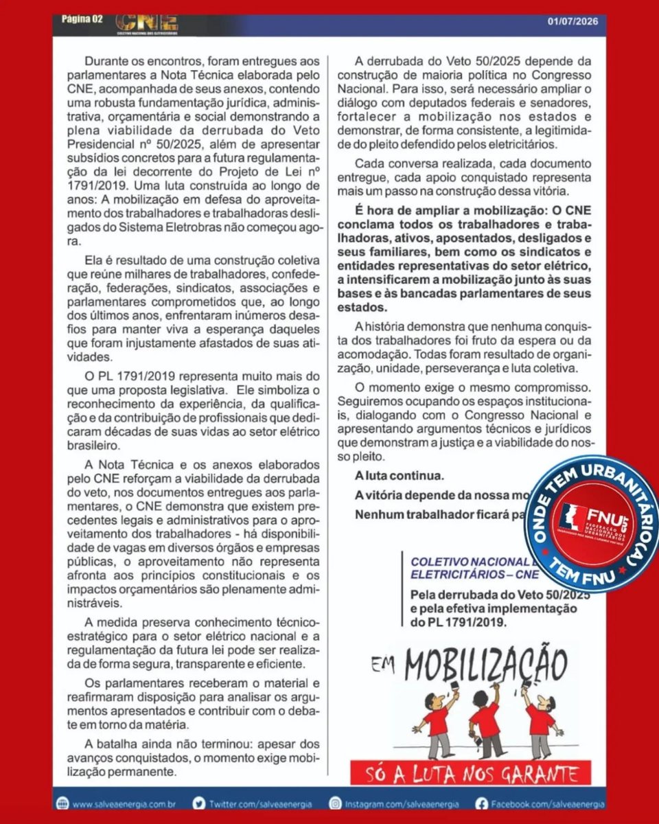 urbanitariospa's tweet photo. A FNU participou da entrega da Nota Técnica elaborada pelo CNE ao Congresso Nacional, documento pela derrubada do veto que impede o aproveitamento de trabalhadores demitidos da Eletrobras privatizada.  Justiça a quem ajudou a construir um patrimônio estratégico para o país. https://t.co/ducnrdZM9F