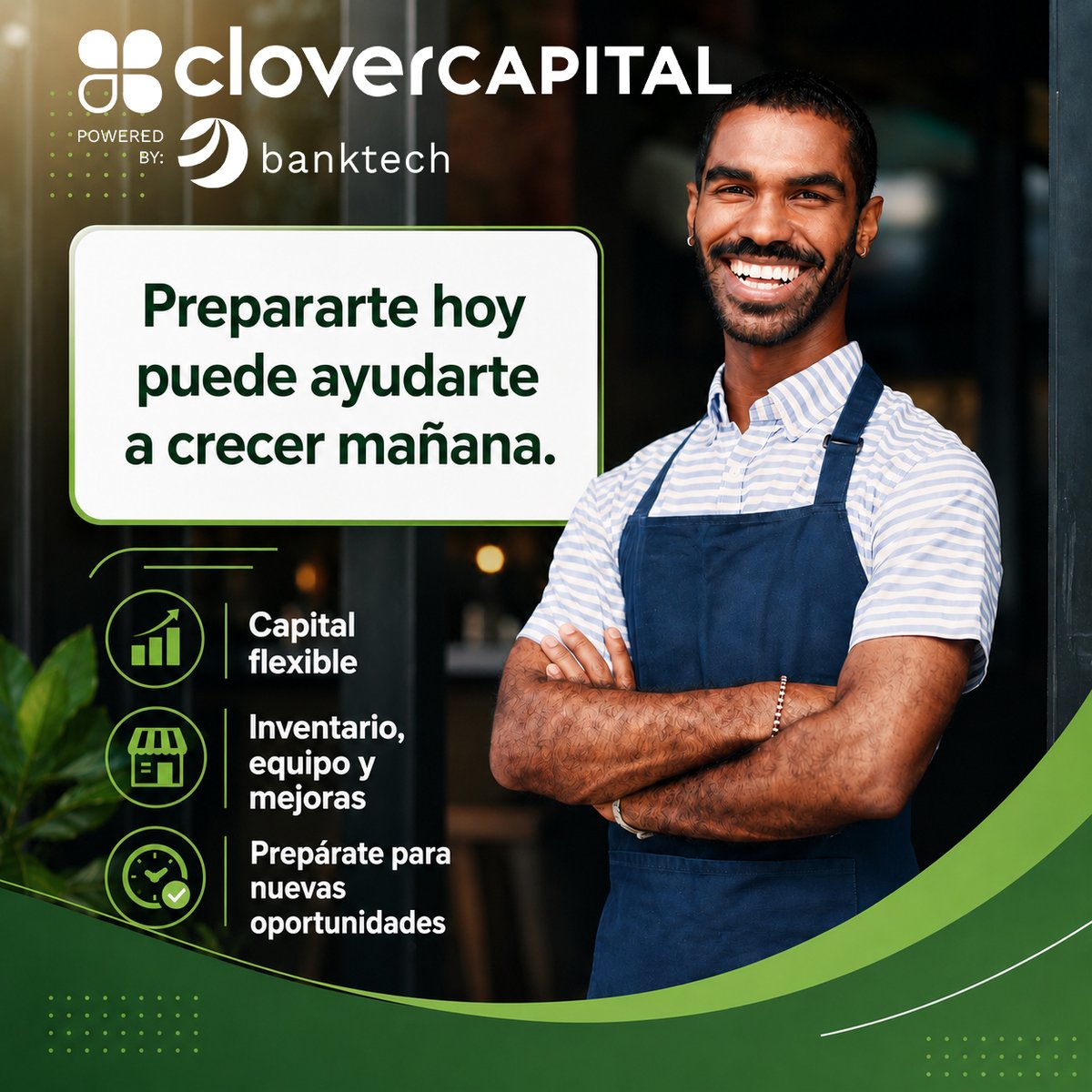 BankTechCapital's tweet photo. Clover Capital PR ofrece una alternativa flexible para comerciantes que buscan capital para fortalecer su operación y aprovechar nuevas oportunidades. https://t.co/YtXvYwoeMw https://t.co/mBHsg6JOtU