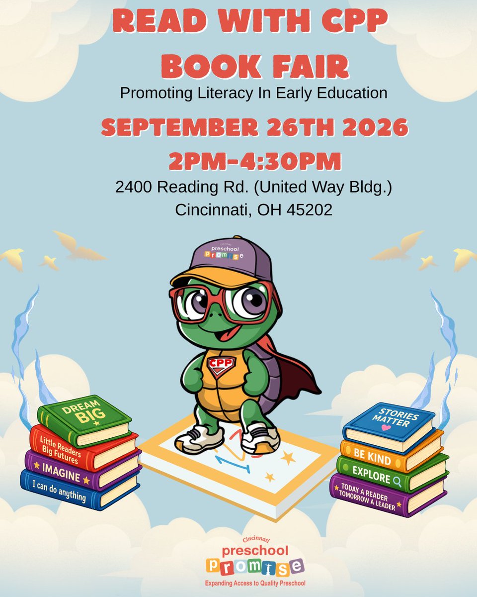 CincyPromise's tweet photo. Get ready to READ with CPP!
Come celebrate early literacy, explore books, and help us encourage a love of reading from the very beginning.
We can't wait to read, learn, and dream BIG with you! https://t.co/rdE3dfqAPr
