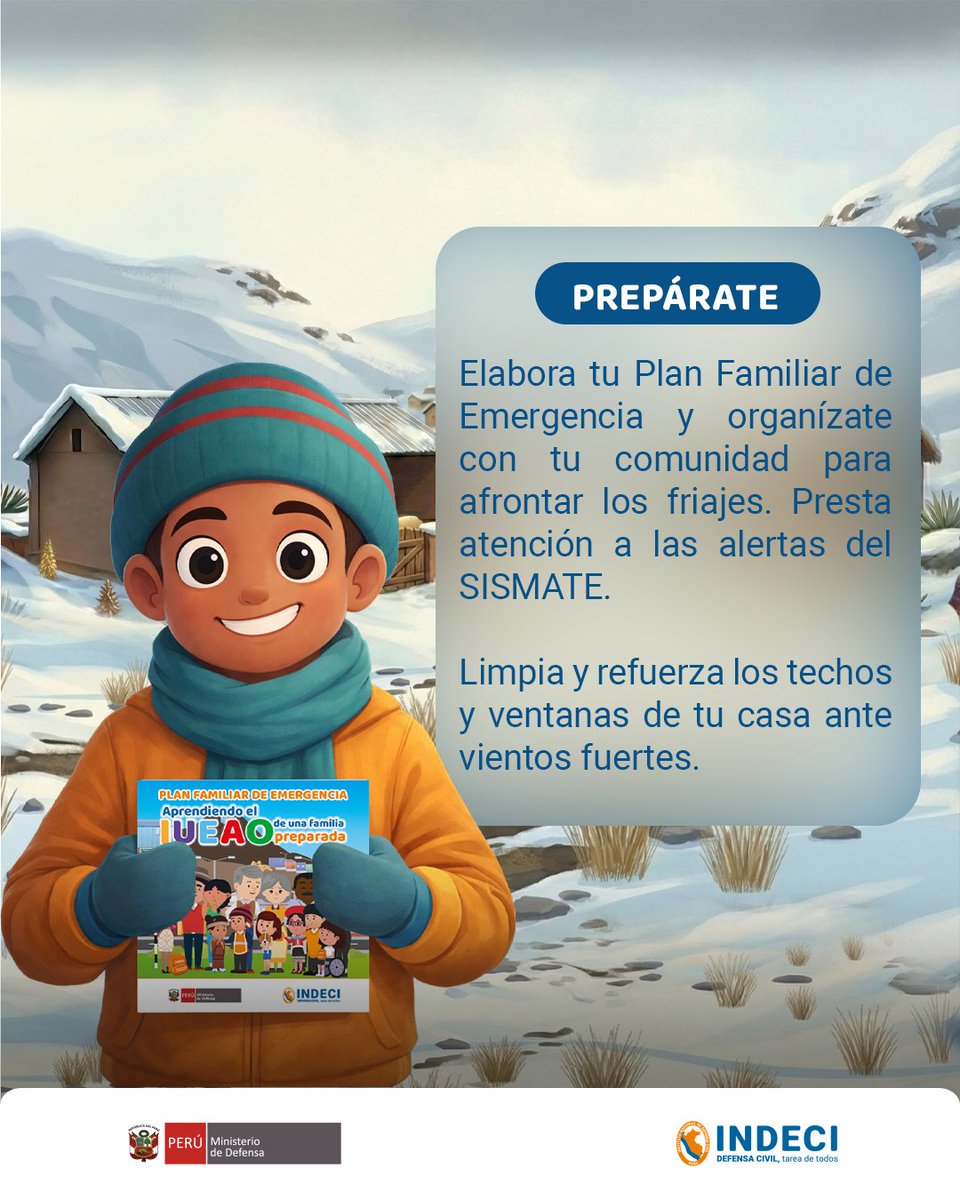 indeciperu's tweet photo. 💡¿Sabes cómo prepararte ante la temporada de bajas temperaturas?
✅Sigue estas #recomendaciones ante #heladas y #nevadas.
#BajasTemperaturas https://t.co/sSLNckvaGY