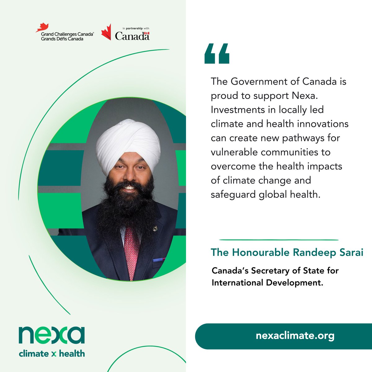 gchallenges's tweet photo. “The Government of Canada is proud to support Nexa," said @randeepssarai, Canada’s Secretary of State for International Development. "Investments in climate &amp; health innovations can create new pathways for vulnerable communities to overcome the health impacts of climate change." https://t.co/1uv6WUB6cC