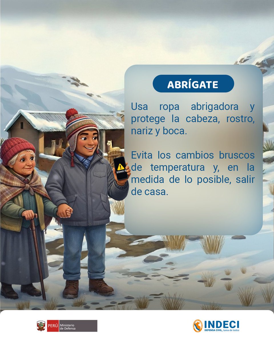 indeciperu's tweet photo. 💡¿Sabes cómo prepararte ante la temporada de bajas temperaturas?
✅Sigue estas #recomendaciones ante #heladas y #nevadas.
#BajasTemperaturas https://t.co/sSLNckvaGY