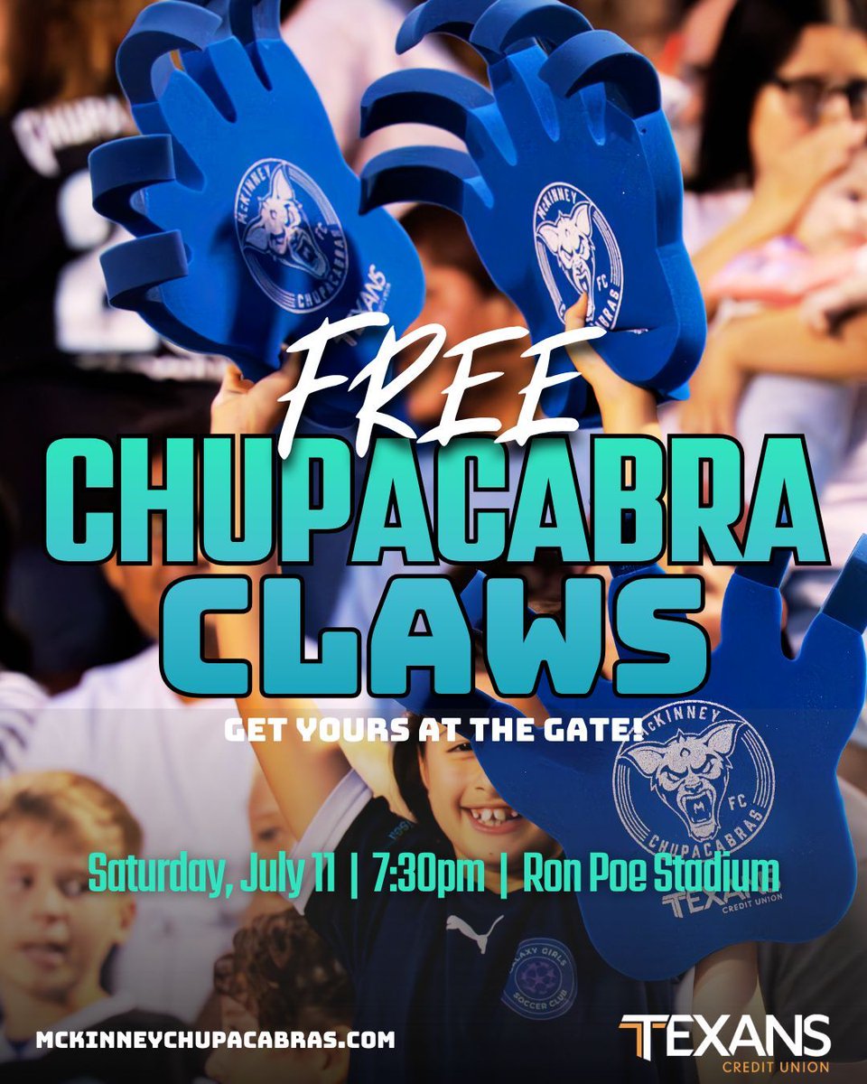 McKChupacabras's tweet photo. The best giveaway in U.S. soccer is back! 🇺🇸

Get your free Chupacabra Claw at the gate this Saturday for Fan Appreciation Night, presented by Texans Credit Union. 🖐️

Saturday, July 11 | 7:30 PM | Ron Poe Stadium

#FearThePack https://t.co/8kDpwZoqz6