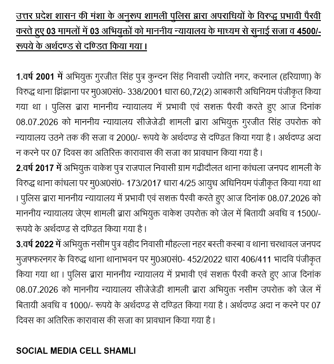 PoliceShamli's tweet photo. #ShamliPolice
उत्तर प्रदेश शासन की मंशा के अनुरूप शामली पुलिस द्वारा अपराधियों के विरुद्ध प्रभावी पैरवी करते हुए 03 मामलों में 03 अभियुक्तों को माननीय न्यायालय के माध्यम से सुनाई सजा व 4500/- रूपये के अर्थदण्ड से दण्डित किया गया। #UPPolice https://t.co/P7Q4G6XazN