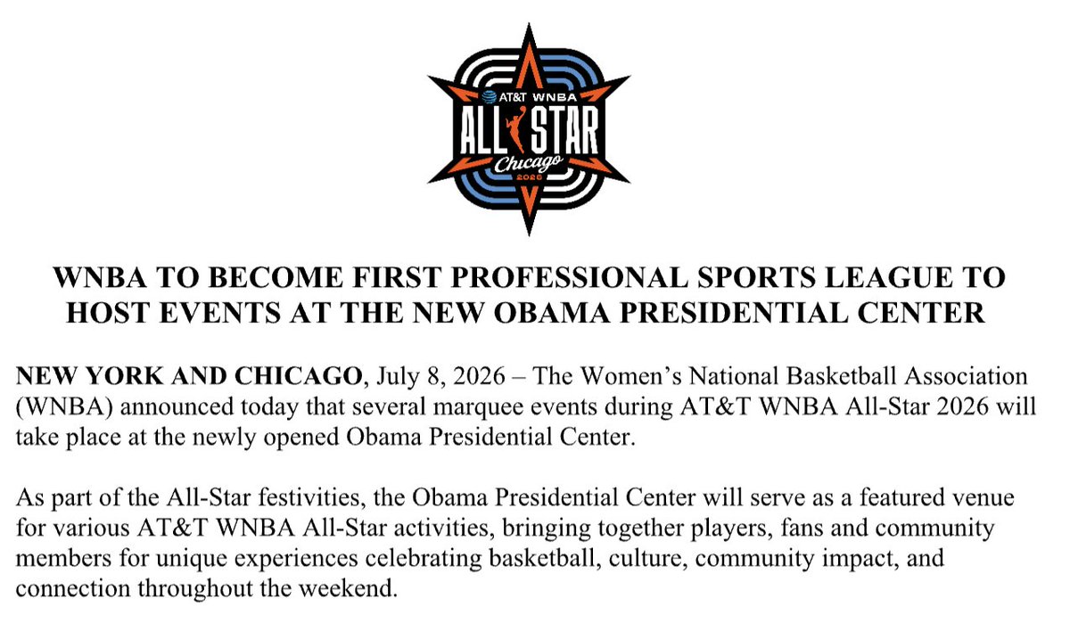 colincsalao's tweet photo. News: The WNBA will hold All-Star events at the Obama Presidential Center, including practice and media day.

The announcement made no mention of the Sky's new practice facility, despite an October release saying it would host “community impact events” during All-Star Weekend. https://t.co/V54zp7sdgE