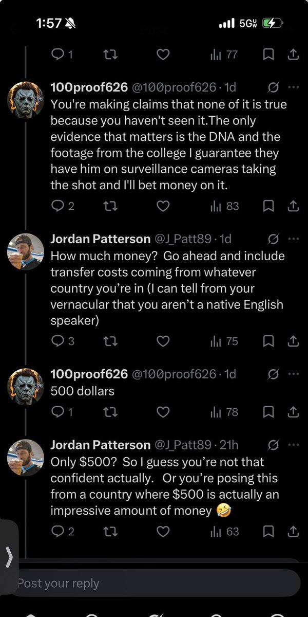 J_Patt89's tweet photo. @100proof626 @SocraticMethhed @JOhnnyboy12x12 @camhigby Hey - just checking in again to make sure you know you’re verifiably incorrect.  Pictured here, you bet me $500 that the state had video proof of TR taking a shot.  Even though you were VERY confident, you’ve been proven VERY retarded.  Awaiting your reply. 🤣 bitch. https://t.co/FZZoah4GJB